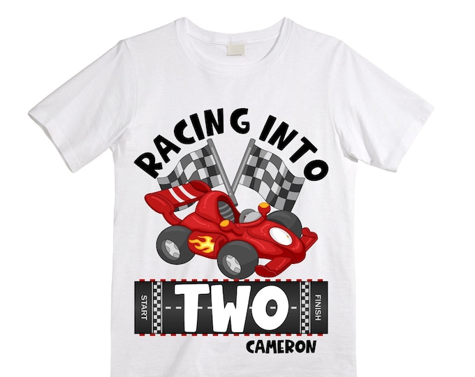 Personalized RaceCar theme Birthday Shirt. Two Birthday. Boy's Car Birthday Shirt. Race Car Racing Birthday Shirt.