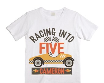 Personalized Racecar theme Birthday Shirt. FIVE Birthday. Boy's Racing Birthday . Race Car Themed Birthday Shirt