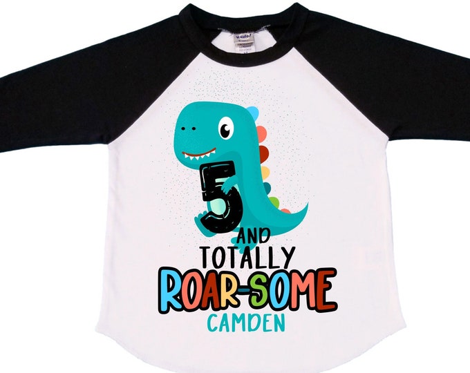 Personalized Dinosaur Themed Birthday Boy Raglan Dinosaur theme Birthday Shirt. FIVE Birthday. Boy's Dino Birthday. Dinosaur Birthday Shirt.