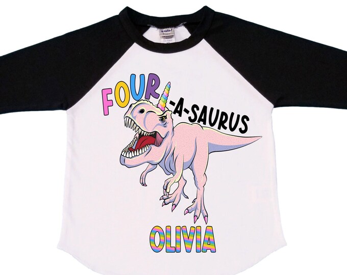 Personalized Dinosaur theme Birthday Shirt. Four Birthday. Girl's Floral Dino Birthday Shirt. Dinosaur Birthday Shirt. FOUR A Saurus