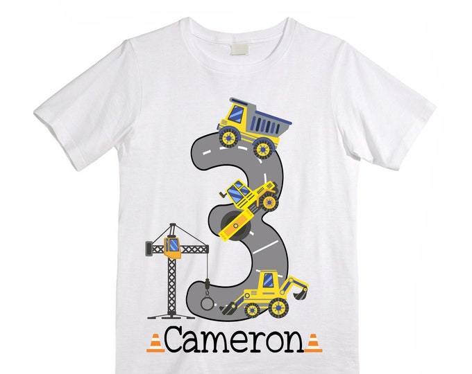 Personalized 3 Digger Construction theme Birthday Shirt. THREE Birthday. Boy's Dump Truck Birthday Shirt.
