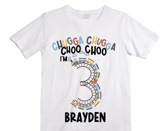 Personalized Choo Choo I'm 3 Train theme Birthday Shirt. Three Birthday. Boy's Train Birthday Shirt. Choo Choo Train Birthday Shirt.