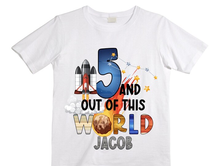 Personalized Space Birthday FIVE Astronaut theme Birthday Shirt. 5th Birthday. Boy's Birthday Shirt. Spaceship Space ship Birthday Shirt.