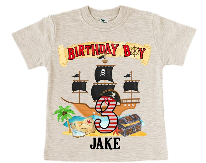 Personalized Pirate Ship theme Birthday Shirt. THREE Birthday. Boy's Pirate Birthday. Timber me Shivers. Arr Matey. Ahoy Matey. Arrgh. 3rd