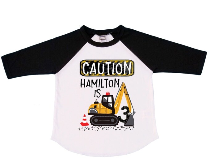 Personalized 3 Digger Construction theme Birthday Shirt. THREE Birthday. Boy's Dump Truck Birthday Shirt.