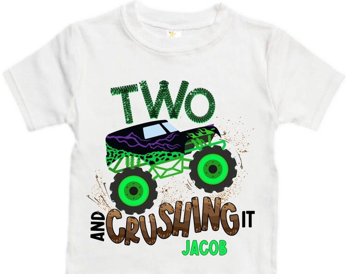 Personalized Monster Truck theme Birthday Shirt. Two Birthday. Boy's Truck Birthday Shirt. Monster Truck Racing Birthday Shirt.