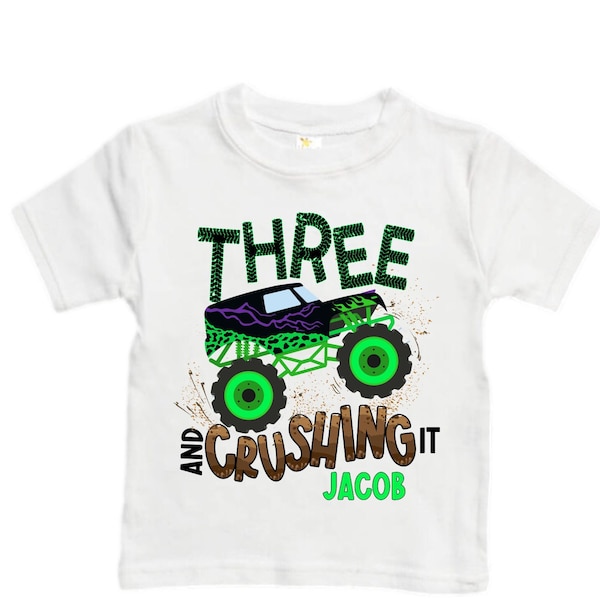 Personalized Monster Truck theme Birthday Shirt. THREE Birthday. Boy's Truck Birthday Shirt. Monster Truck Racing Birthday Shirt.