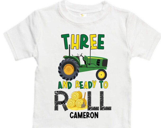 Personalized Tractor theme Birthday Shirt. THREE Birthday. Boy's Truck Birthday Shirt. Tractor Racing Birthday Shirt.