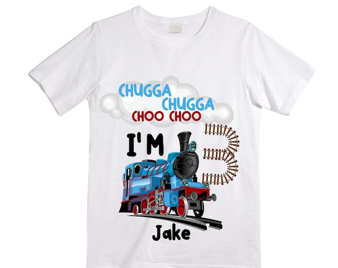 Personalized Choo Choo I'm 3 Train theme Birthday Shirt. Three Birthday. Boy's Train Birthday Shirt. Choo Choo Train Birthday Shirt.