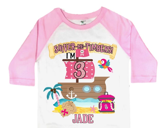 Personalized Pirate Ship Rainbow Three Girl Birthday Shirt. Pirate. Ahoy Matey, Arr Matey, Arrgh, Shiver Me Timbers Birthday Shirt. 3rd