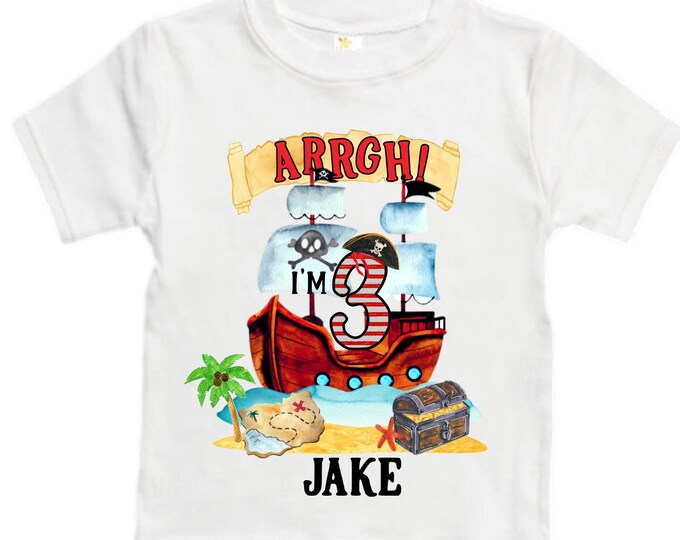 Personalized Pirate Ship theme Birthday Shirt. THREE Birthday. Boy's Pirate Birthday. Timber me Shivers. Arr Matey. Ahoy Matey. Arrgh. 3rd