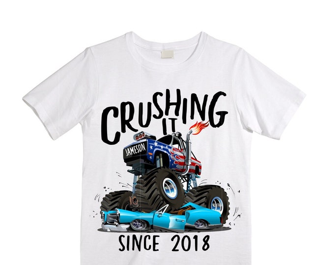 Personalized Monster Truck Crushing IT Birthday Shirt. THREE Birthday. Boy's Truck Birthday Shirt. Monster Truck Racing Birthday Shirt.