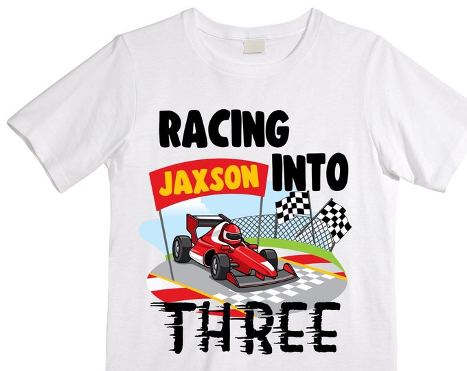 Personalized RaceCar theme Birthday Shirt. THREE Birthday. Boy's Racecar Birthday Shirt. Race Car Racing Birthday Shirt.