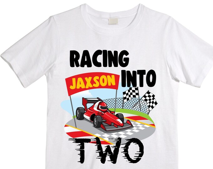 Personalized RaceCar theme Birthday Shirt. Two Birthday. Boy's Car Birthday Shirt. Race Car Racing Birthday Shirt.