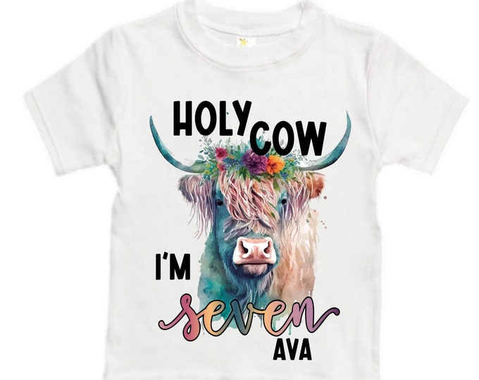 Personalized Holy Cow I'm SEVEN Farm Barn Farm Animal Tractor theme Birthday Shirt. 7 Birthday. Girls Farm Birthday Shirt. Highland Cow