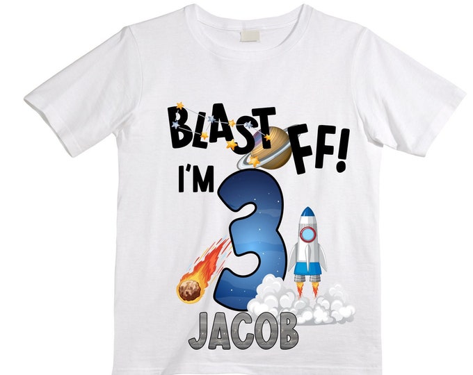 Personalized Space Birthday THREE Astronaut theme Birthday Shirt. THREE Birthday. Boy's Birthday Shirt. Spaceship Space ship Birthday Shirt.