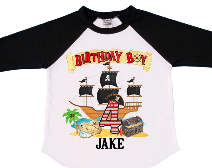 Personalized Pirate Ship FOUR  Raglan Pirate Ship theme Birthday Shirt. Arr matey. Ahoy Matey. Timber Me Shivers. 4th Pirate themed Party.