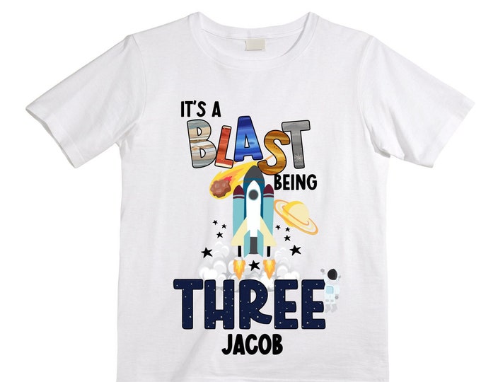 Personalized Space Birthday THREE Astronaut theme Birthday Shirt. THREE Birthday. Boy's Birthday Shirt. Spaceship Space ship Birthday Shirt.