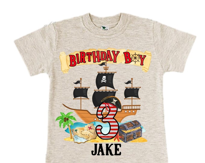 Personalized Pirate Ship theme Birthday Shirt. THREE Birthday. Boy's Pirate Birthday. Timber me Shivers. Arr Matey. Ahoy Matey. Arrgh. 3rd