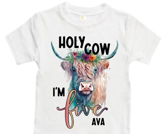 Personalized Holy Cow I'm FIVE Farm Barn Farm Animal Tractor theme Birthday Shirt. FIVE Birthday. Girls Farm Birthday Shirt. Highland Cow