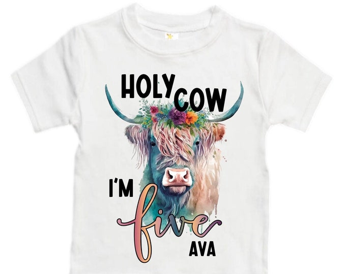 Personalized Holy Cow I'm FIVE Farm Barn Farm Animal Tractor theme Birthday Shirt. FIVE Birthday. Girls Farm Birthday Shirt. Highland Cow