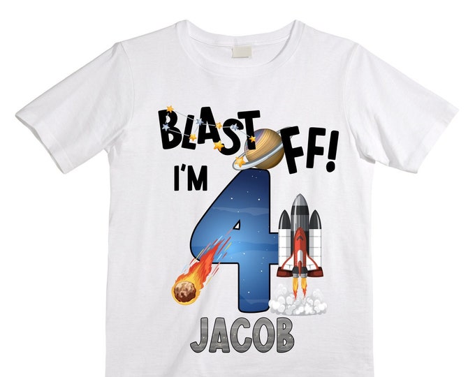 Personalized Space Birthday FOUR Astronaut theme Birthday Shirt. FOUR Birthday. Boy's Birthday Shirt. Spaceship Space ship Birthday Shirt.