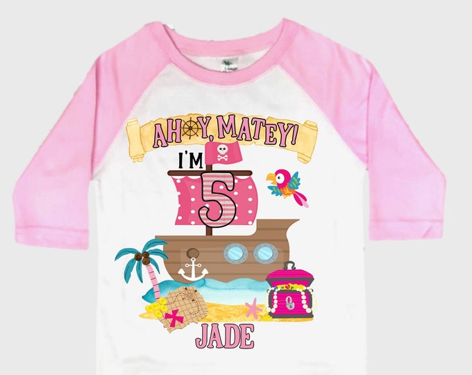 Personalized Pirate Rainbow FIVE Birthday Girl Shirt. Ahoy Matey, Arrgh, Arr Matey. Shiver Me Timbers Pirate 5th Birthday Shirt