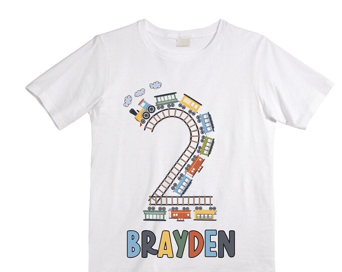 Personalized Choo Choo I'm 2 Train theme Birthday Shirt. Two Birthday. Boy's Train Birthday Shirt. Choo Choo Train Birthday Shirt.