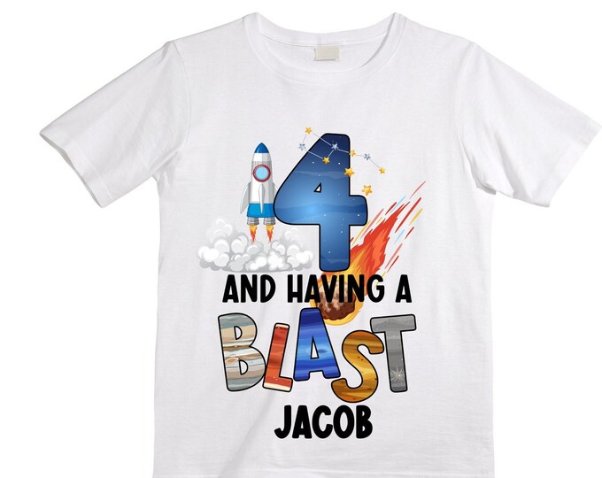 Personalized Space Birthday FOUR Astronaut theme Birthday Shirt. FOUR Birthday. Boy's Birthday Shirt. Spaceship Space ship Birthday Shirt.