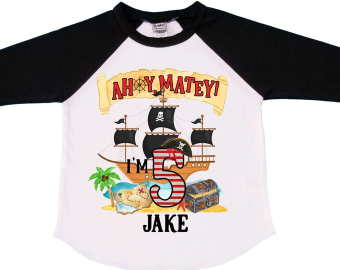 Personalized Pirate Ship FIVE Pirate Ship theme Birthday Shirt. Five Birthday. Boy's Pirate. Ahoy Matey, Arr Matey, Arrgh, Shiver Me Timber