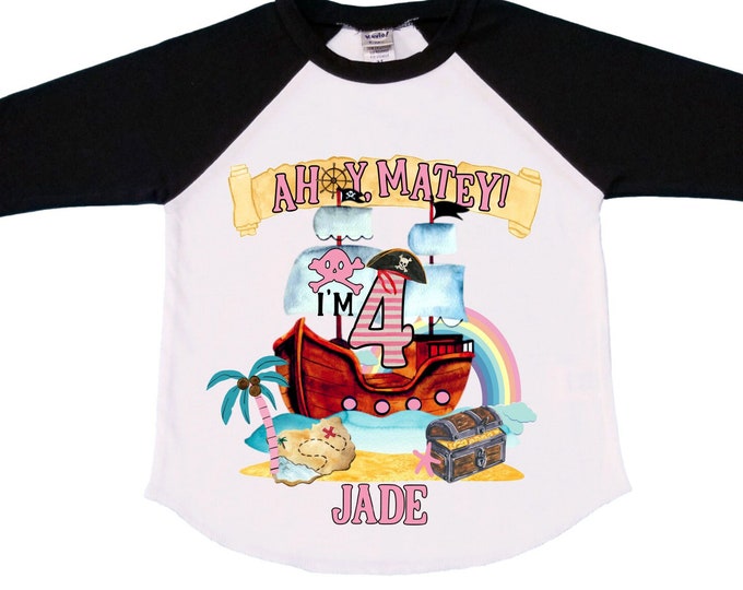 Personalized Pirate Ship Rainbow Four Birthday Girl Shirt. Ahoy Matey, Arrgh, Arr Matey. Shiver Me Timbers Pirate Themed 4th Birthday