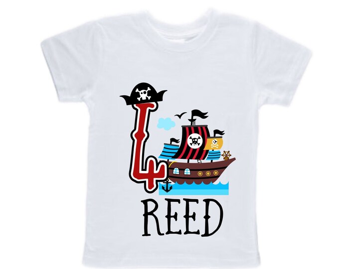 Personalized Pirate Ship FOUR  Raglan Pirate Ship theme Birthday Shirt. Two Birthday. Boy's Pirate Birthday . Pirate themed Party Shirt.