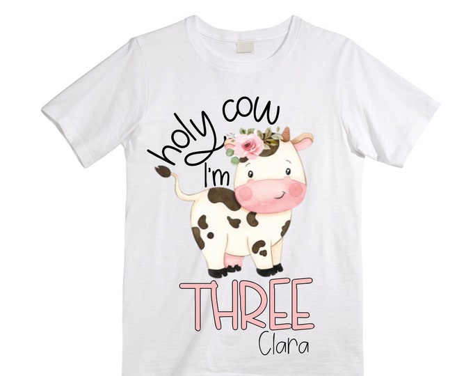Personalized Holy Cow I'm THREE Safari Rainbow Themed Birthday Shirt. Safari Birthday Shirt. THIRD Birthday Shirt. Farm Barn Birthday