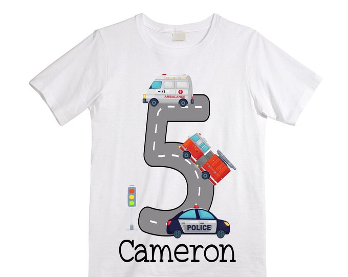 Personalized Police Firetruck Ambulance. Rescue Vehicle theme Birthday Shirt. FIVE Birthday. Boy's Police Birthday . Police Birthday .