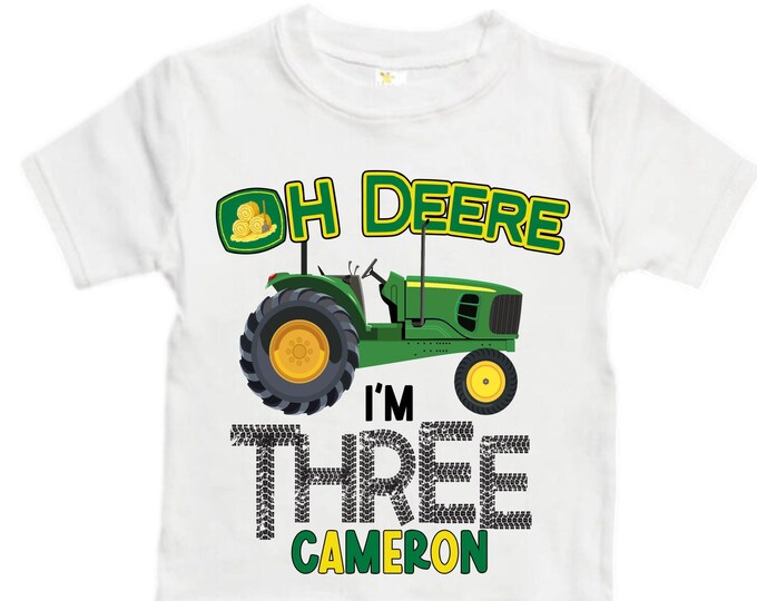 Personalized Tractor theme Birthday Shirt. THREE Birthday. Boy's Truck Birthday Shirt. Tractor Racing Birthday Shirt.