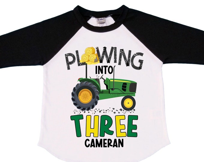Personalized Tractor theme Birthday Shirt. THREE Birthday. Boy's Truck Birthday Shirt. Tractor Racing Birthday Shirt.