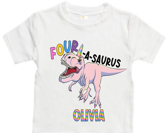 Personalized Dinosaur theme Birthday Shirt. Four Birthday. Girl's Floral Dino Birthday Shirt. Dinosaur Birthday Shirt. FOUR A Saurus