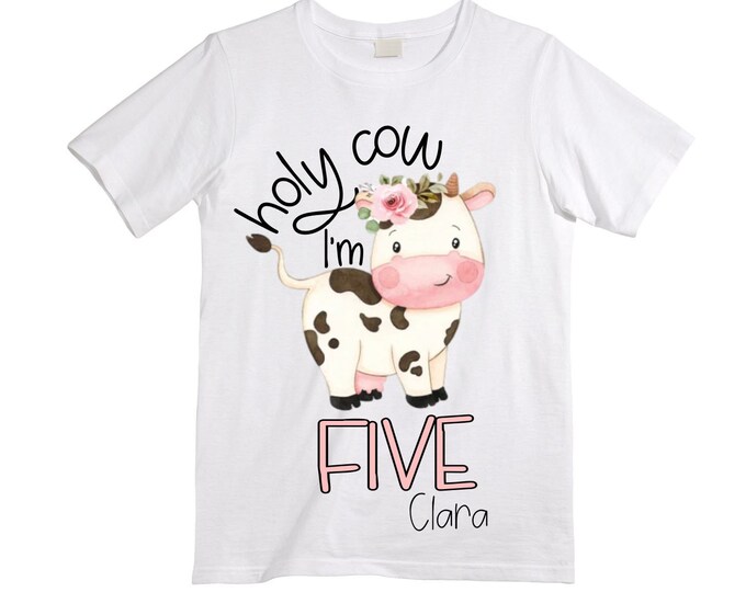 Personalized Holy Cow I'm FIVE Farm Barn Farm Animal Tractor theme Birthday Shirt. FIVE Birthday. Girls Farm Birthday Shirt. 5th