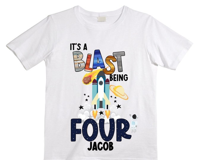 Personalized Space Birthday FOUR Astronaut theme Birthday Shirt. FOUR Birthday. Boy's Birthday Shirt. Spaceship Space ship Birthday Shirt.