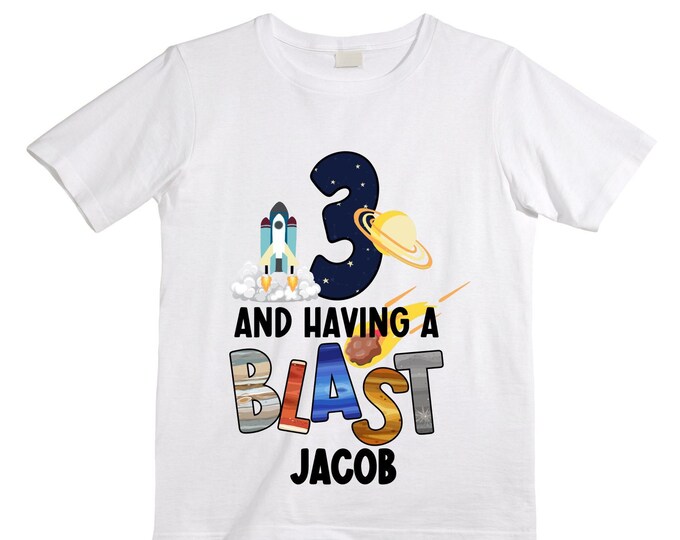 Personalized Space Birthday THREE Astronaut theme Birthday Shirt. THREE Birthday. Boy's Birthday Shirt. Spaceship Space ship Birthday Shirt.