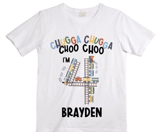 Personalized Choo Choo I'm 4 Train theme Birthday Shirt. Four Birthday. Boy's Train Birthday Shirt. Choo Choo Train Birthday Shirt.
