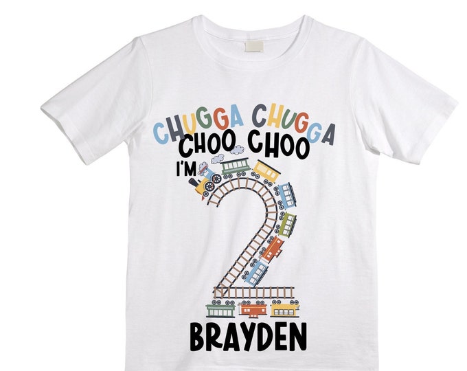 Personalized Choo Choo I'm 2 Train theme Birthday Shirt. Two Birthday. Boy's Train Birthday Shirt. Choo Choo Train Birthday Shirt.