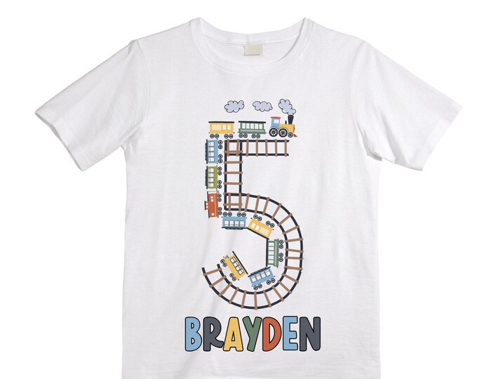 Personalized Choo Choo I'm 5 Train theme Birthday Shirt. Five Birthday. Boy's Train Birthday Shirt. Choo Choo Train Birthday Shirt.