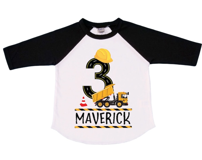 Personalized 3 Dump Truck Construction theme Birthday Shirt. THREE Birthday. Boy's Dump Truck Birthday Shirt.