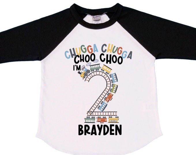 Personalized Choo Choo I'm 2 Train theme Birthday Shirt. Two Birthday. Boy's Train Birthday Shirt. Choo Choo Train Birthday Shirt.