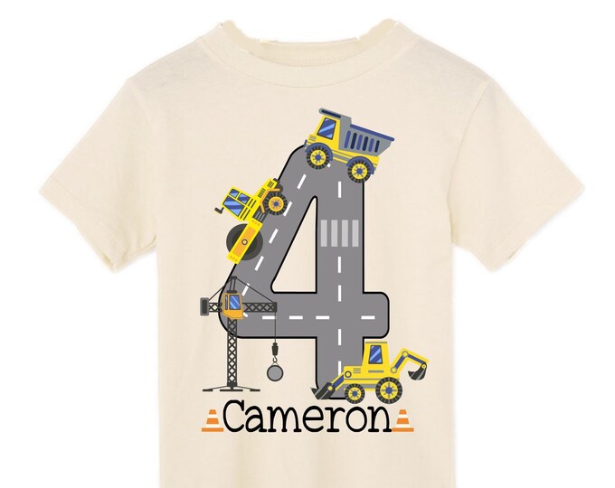 Personalized 4 Digger Construction  FOUR  Trash Truck theme Birthday Shirt. Fourth Birthday. Boy's Birthday .