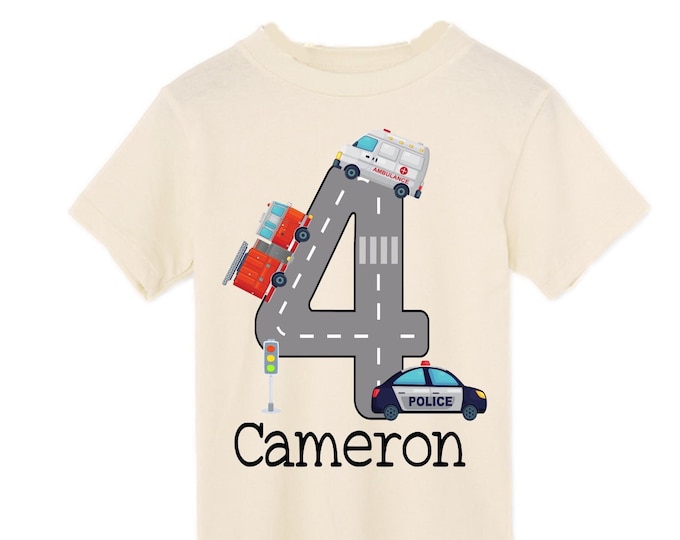 Personalized Police Fire Truck Ambulance. Rescue Vehicle theme Birthday Shirt. Fourth Birthday. Boy's Racing Birthday . Tractor Birthday .