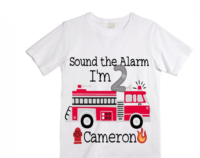Personalized Sound the Alarm I'm 2 Fire Truck theme Birthday Shirt. Two Birthday. Boy's Truck Birthday Shirt. Fire Truck Birthday Shirt.
