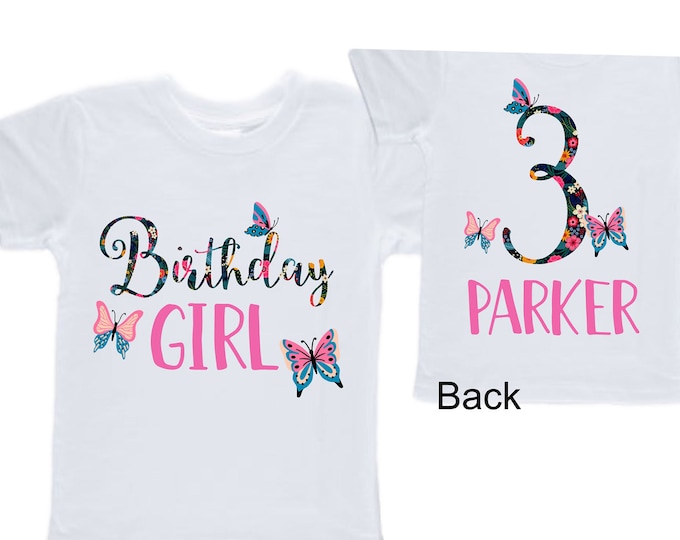 Personalized Butterfly THREE Birthday Girl Shirt. Cake Smash Sleeve Birthday Shirt. Three . Birthday Shirt