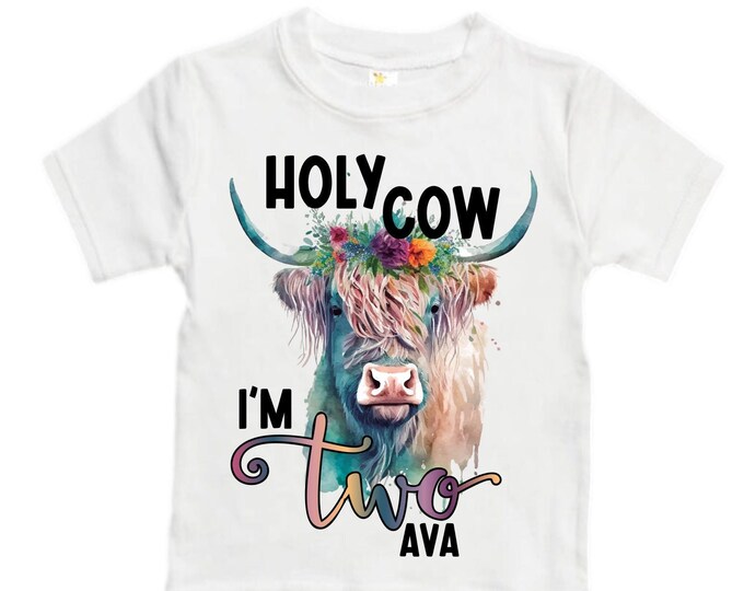 Personalized Holy Cow I'm TWO Barn Farm Animal Birthday Shirt. Two Birthday. Girls Barn Birthday Shirt.  Farm Birthday Shirt. Highland Cow